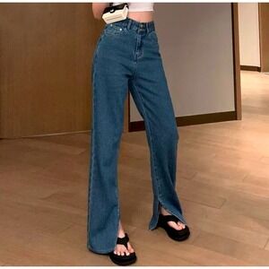 SIXONE - High-Rise Waist Denim Wide-Leg Pants Jeans Straight Leg Split Hem M